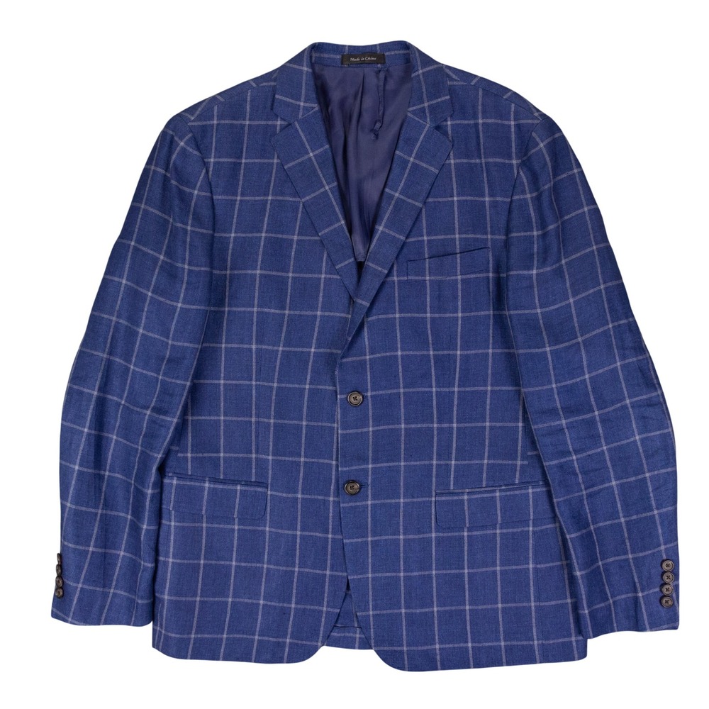 Lauren Ralph Lauren Sport Coat Mens 42R Blue 100% Linen Windowpane Plaid Blazer